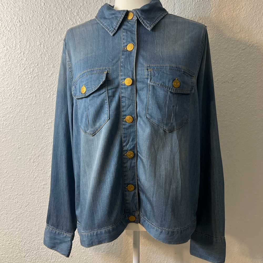CAbi Light Blue Denim Jacket with Gold Buttons